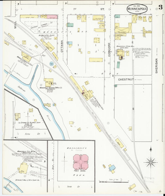 Sanborn Fire Insurance Map from Minneapolis, Ottawa  County, Kansas (1892), Sheet #0003 - Historic Sanborn Fire Insurance Map Print, vintage old map wall art, antique decor, genealogy gift, Kansas Kansas map