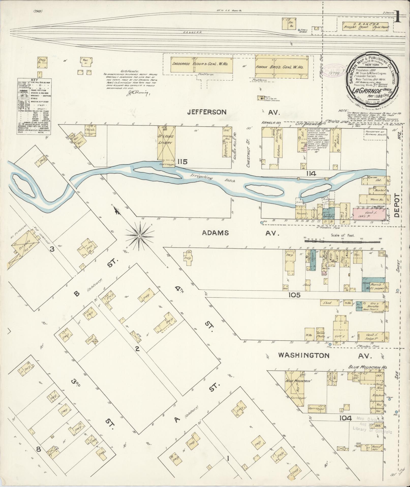 Sanborn Fire Insurance Map from La Grande, Union County, Oregon (1888), Sheet #0001 - Complete Map Set gallery image, historic Sanborn map, vintage wall art, Oregon Oregon