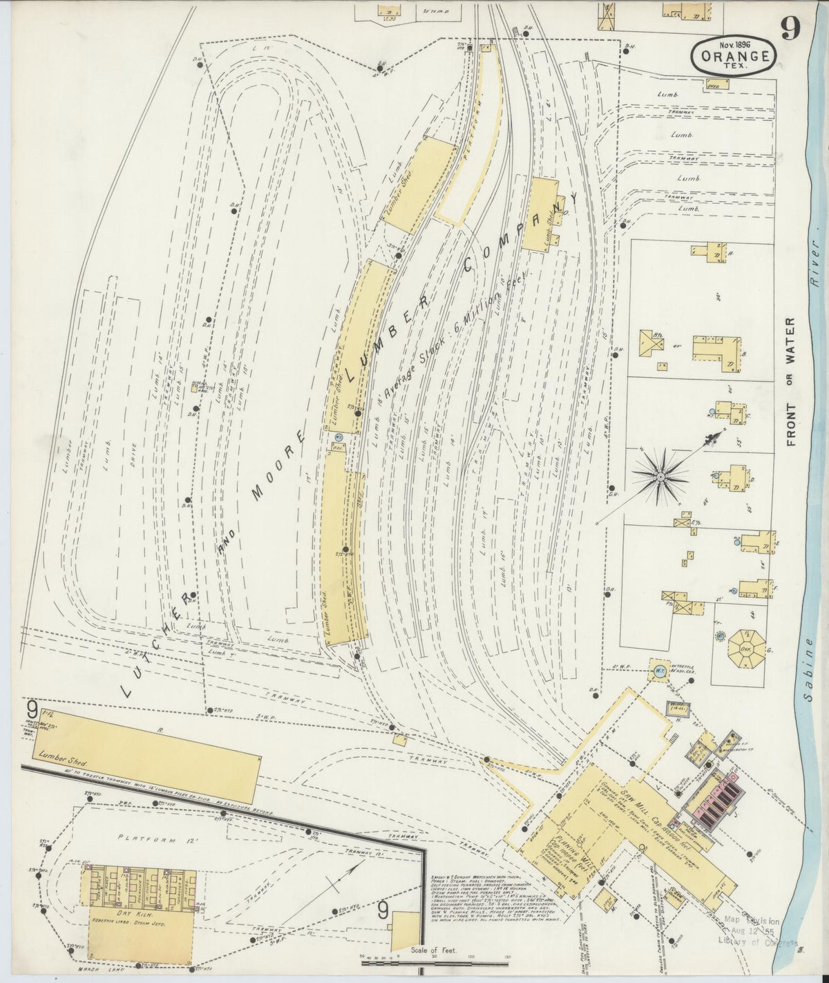 Sanborn Fire Insurance Map from Orange, Orange County, Texas (1896), Sheet #0009 - Historic Sanborn Fire Insurance Map Print, vintage old map wall art, antique decor, genealogy gift, Texas Texas map