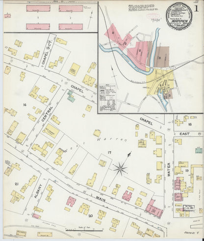 Sanborn Fire Insurance Map from Warren, Worcester County, Massachusetts (1892), Sheet #0001 - Historic Sanborn Fire Insurance Map Print, vintage old map wall art, antique decor, genealogy gift, Massachusetts Massachusetts map