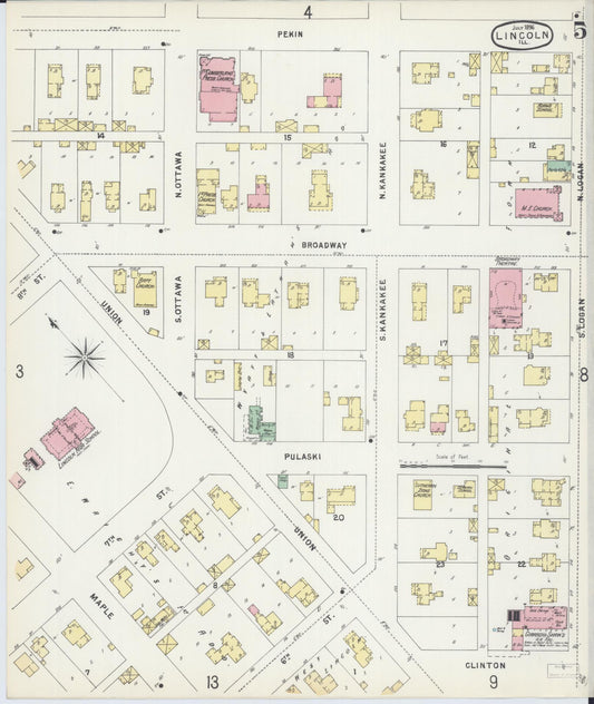 Sanborn Fire Insurance Map from Lincoln, Logan County, Illinois (1896), Sheet #0005 - Historic Sanborn Fire Insurance Map Print, vintage old map wall art, antique decor, genealogy gift, Illinois Illinois map