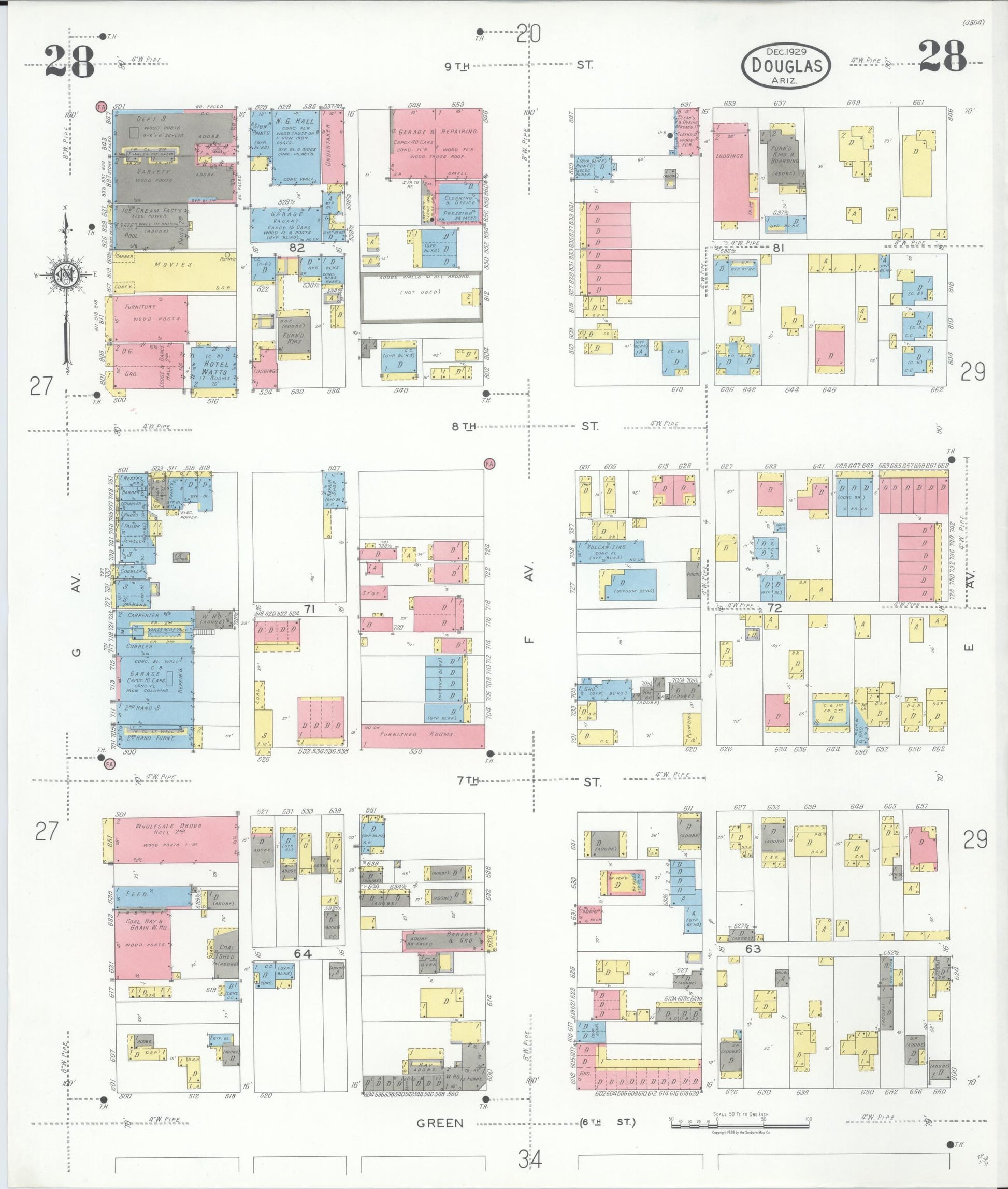 Sanborn Fire Insurance Map from Douglas, Cochise County, Arizona (1929), Sheet #0028 - Historic Sanborn Fire Insurance Map Print, vintage old map wall art, antique decor, genealogy gift, Arizona Arizona map