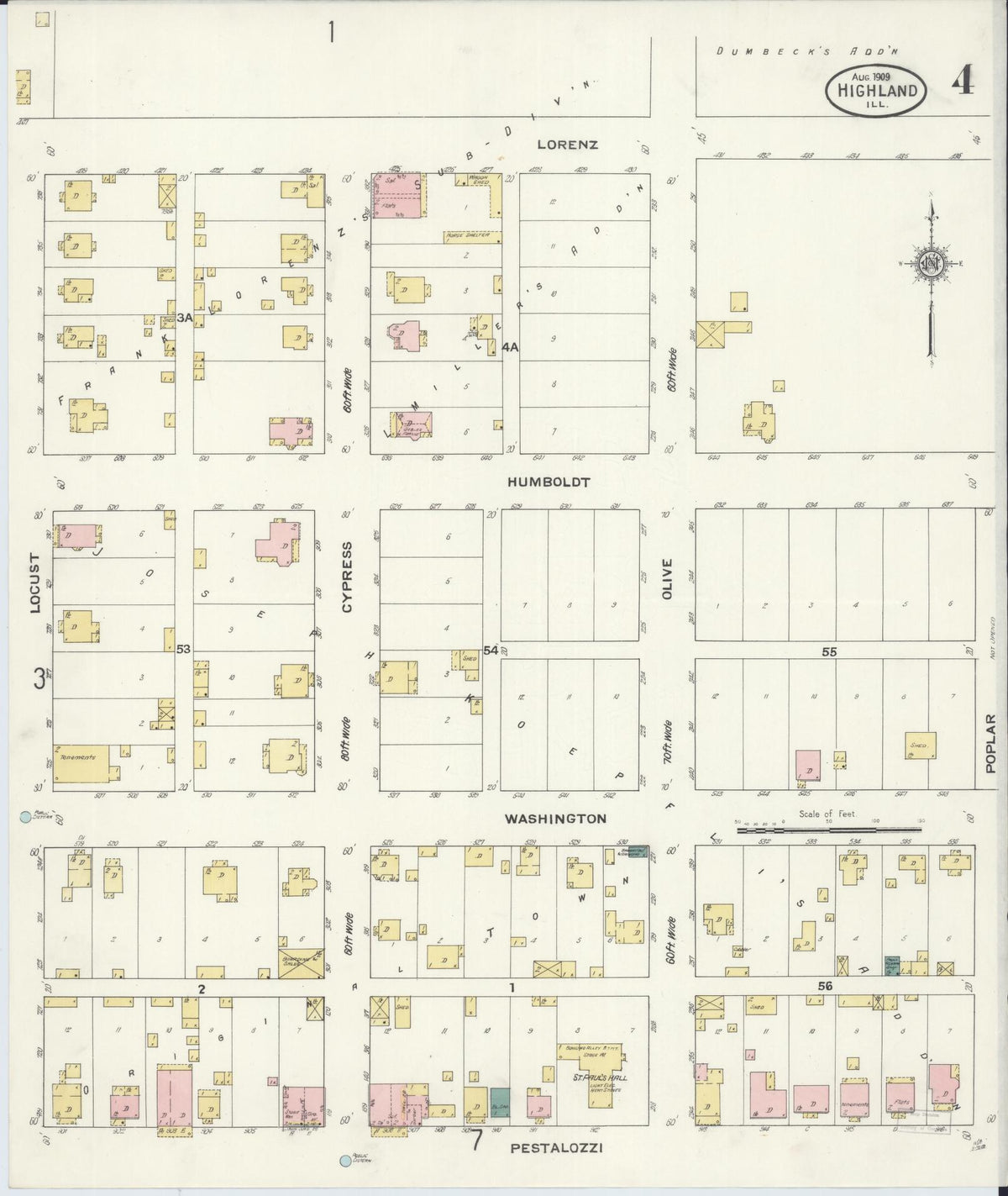 Sanborn Fire Insurance Map from Highland, Madison County, Illinois (1908), Sheet #0004 - Historic Sanborn Fire Insurance Map Print, vintage old map wall art, antique decor, genealogy gift, Illinois Illinois map