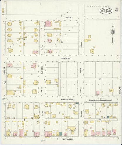 Sanborn Fire Insurance Map from Highland, Madison County, Illinois (1908), Sheet #0004 - Historic Sanborn Fire Insurance Map Print, vintage old map wall art, antique decor, genealogy gift, Illinois Illinois map