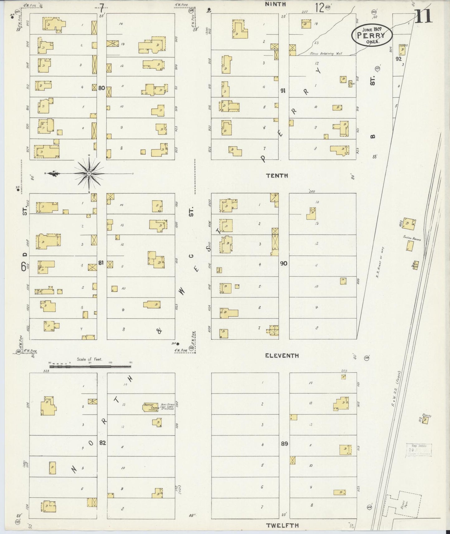 Sanborn Fire Insurance Map from Perry, Noble County, Oklahoma (1907), Sheet #0011 - Complete Map Set gallery image, historic Sanborn map, vintage wall art, Oklahoma Oklahoma