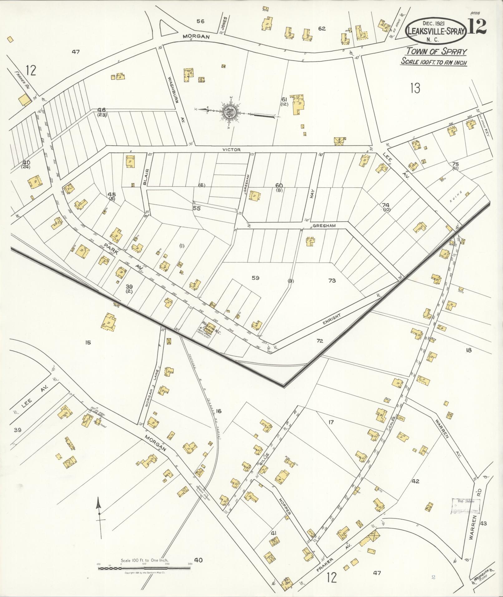Sanborn Fire Insurance Map from Leaksville-spray, Rockingham County, North Carolina (1921), Sheet #0012 - Complete Map Set gallery image, historic Sanborn map, vintage wall art, North Carolina North Carolina