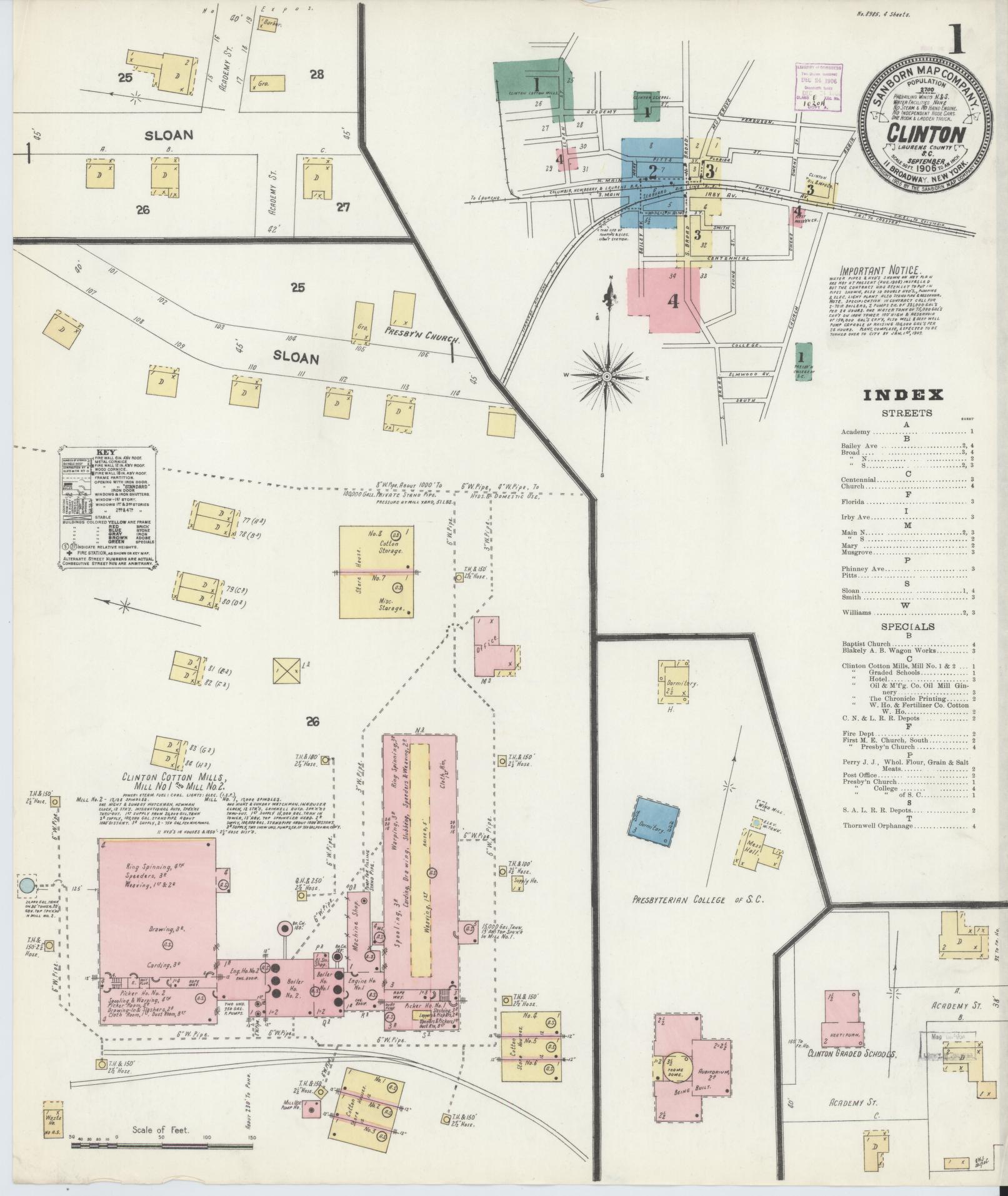 Sanborn Fire Insurance Map from Clinton, Laurens County, South Carolina (1906), Sheet #0001 - Historic Sanborn Fire Insurance Map Print, vintage old map wall art, antique decor, genealogy gift, South Carolina South Carolina map