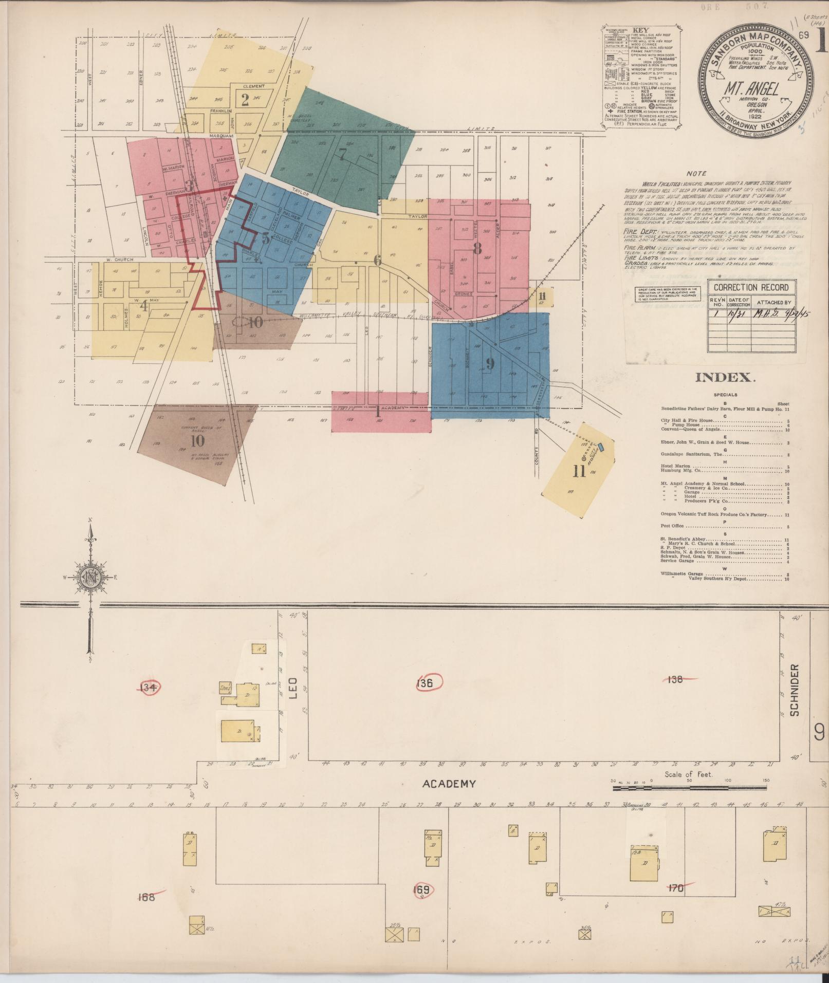 Sanborn Fire Insurance Map from Mount Angel, Marion County, Oregon (1931), Sheet #0001 - Complete Map Set gallery image, historic Sanborn map, vintage wall art, Oregon Oregon