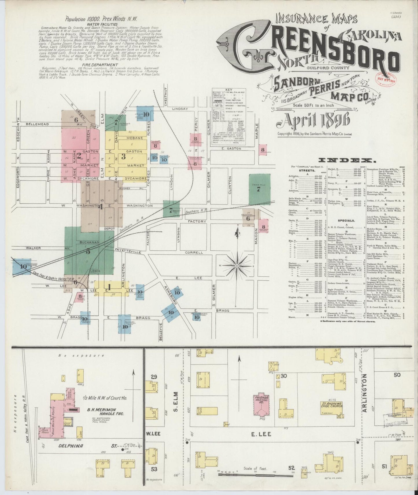 Sanborn Fire Insurance Map from Greensboro, Guilford County, North Carolina (1896), Sheet #0001 - Historic Sanborn Fire Insurance Map Print, vintage old map wall art, antique decor, genealogy gift, North Carolina North Carolina map