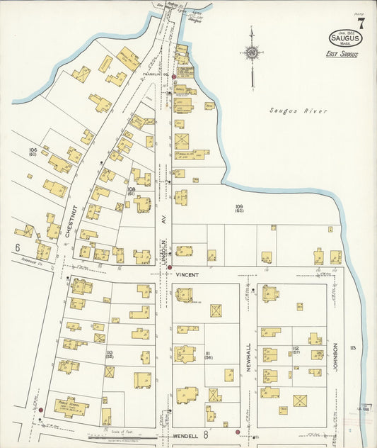 Sanborn Fire Insurance Map from Saugus, Essex County, Massachusetts (1922), Sheet #0007 - Historic Sanborn Fire Insurance Map Print, vintage old map wall art, antique decor, genealogy gift, Massachusetts Massachusetts map