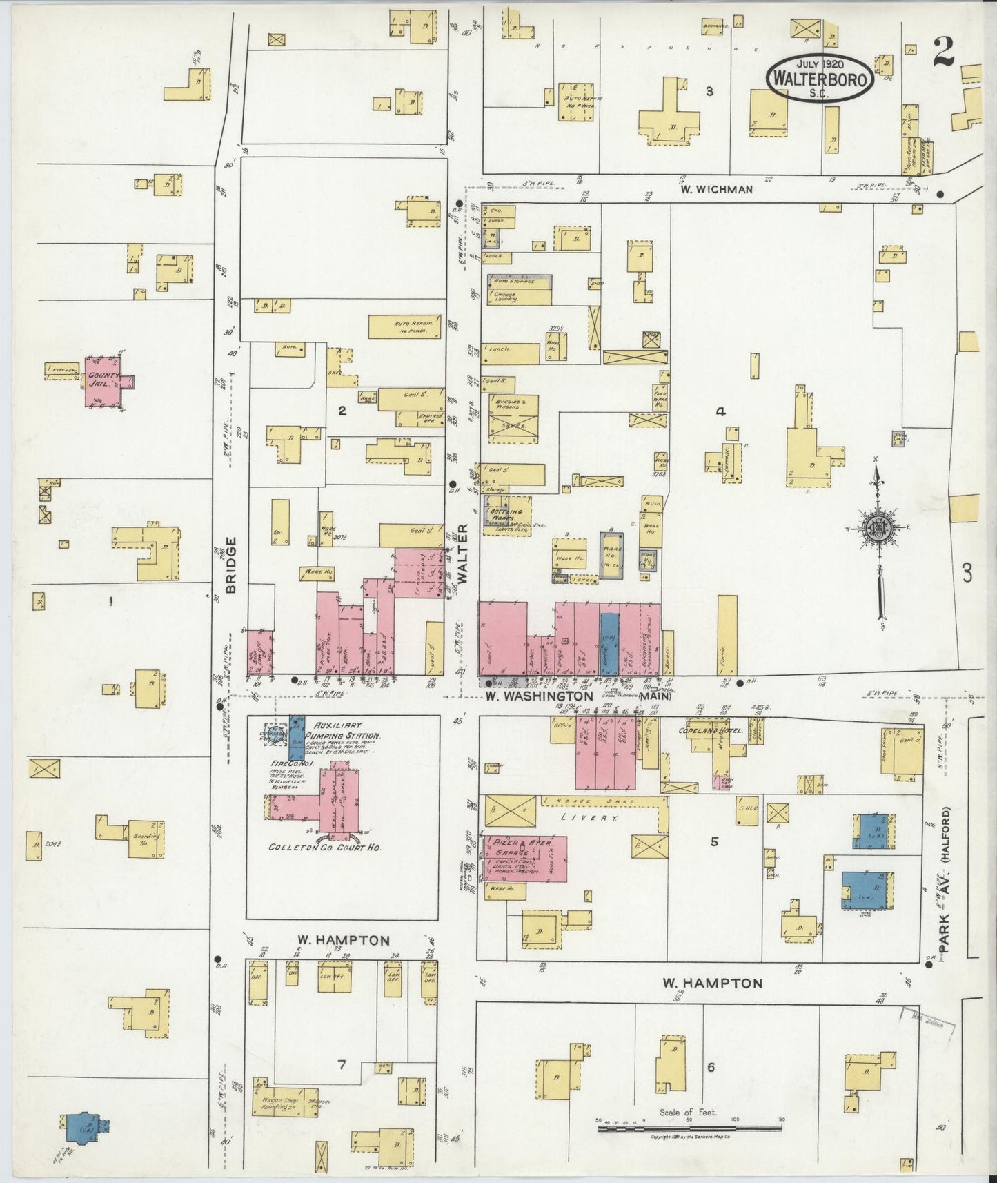 Sanborn Fire Insurance Map from Walterboro, Colleton County, South Carolina (1920), Sheet #0002 - Complete Map Set gallery image, historic Sanborn map, vintage wall art, South Carolina South Carolina