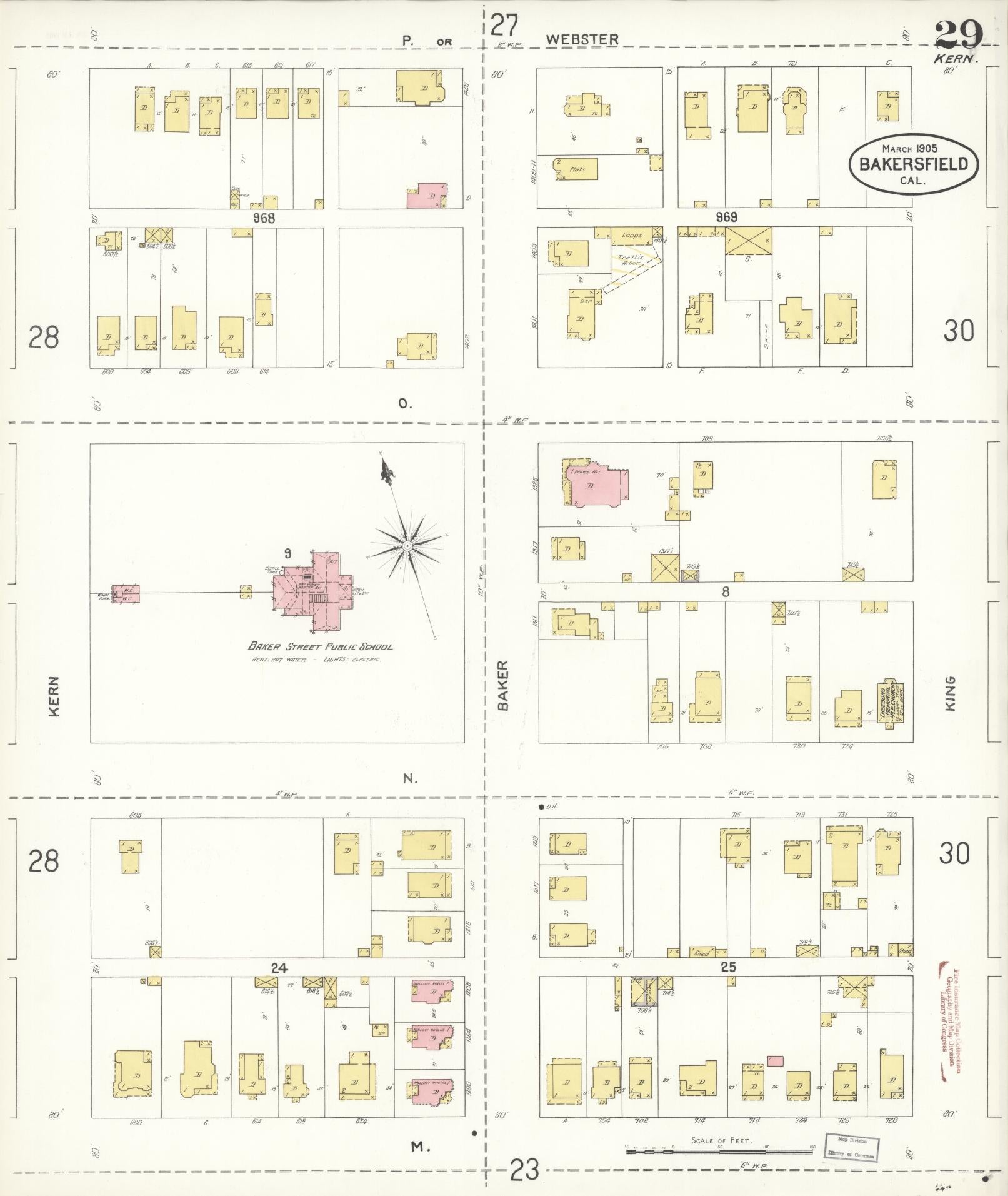 Sanborn Fire Insurance Map from Bakersfield, Kern County, California (1905), Sheet #0029 - Historic Sanborn Fire Insurance Map Print, vintage old map wall art, antique decor, genealogy gift, California California map
