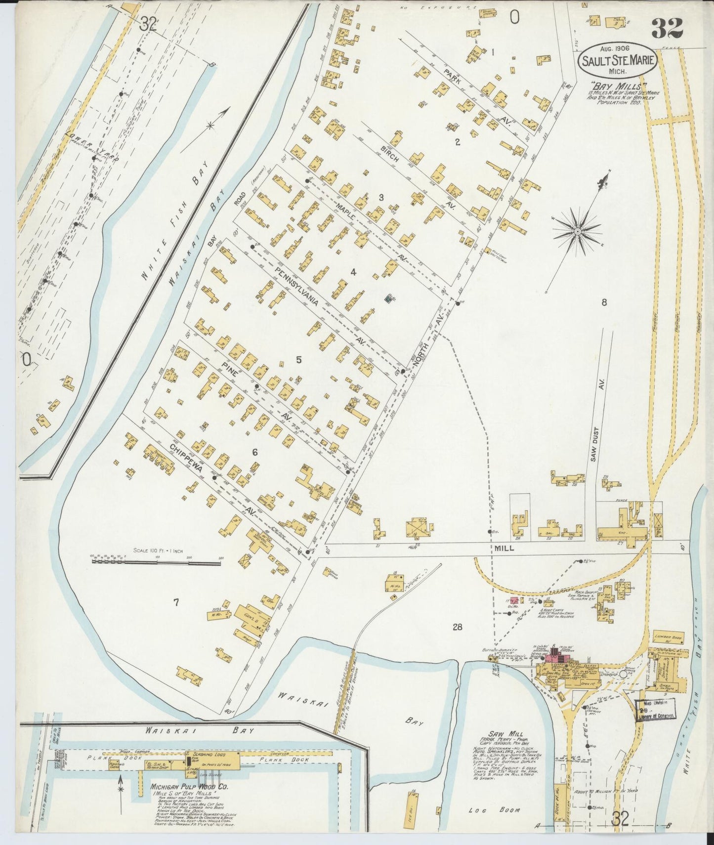 Sanborn Fire Insurance Map from Sault Sainte Marie, Chippewa County, Michigan (1906), Sheet #0032 - Historic Sanborn Fire Insurance Map Print, vintage old map wall art, antique decor, genealogy gift, Michigan Michigan map