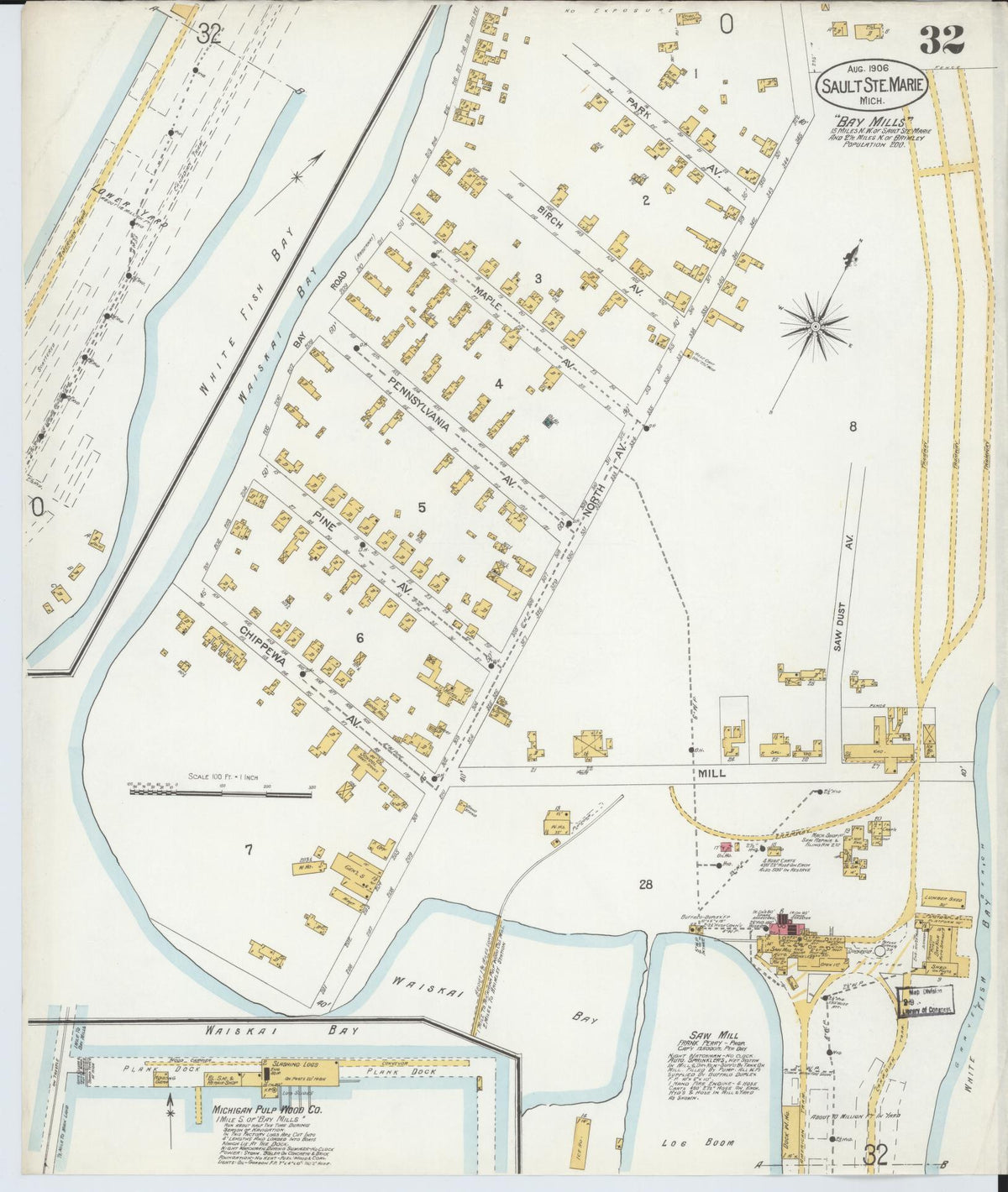 Sanborn Fire Insurance Map from Sault Sainte Marie, Chippewa County, Michigan (1906), Sheet #0032 - Historic Sanborn Fire Insurance Map Print, vintage old map wall art, antique decor, genealogy gift, Michigan Michigan map