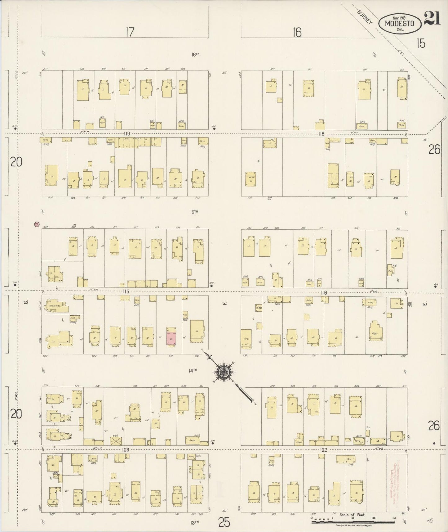 Sanborn Fire Insurance Map from Modesto, Stanislaus County, California (1919), Sheet #0021 - Complete Map Set gallery image, historic Sanborn map, vintage wall art, California California