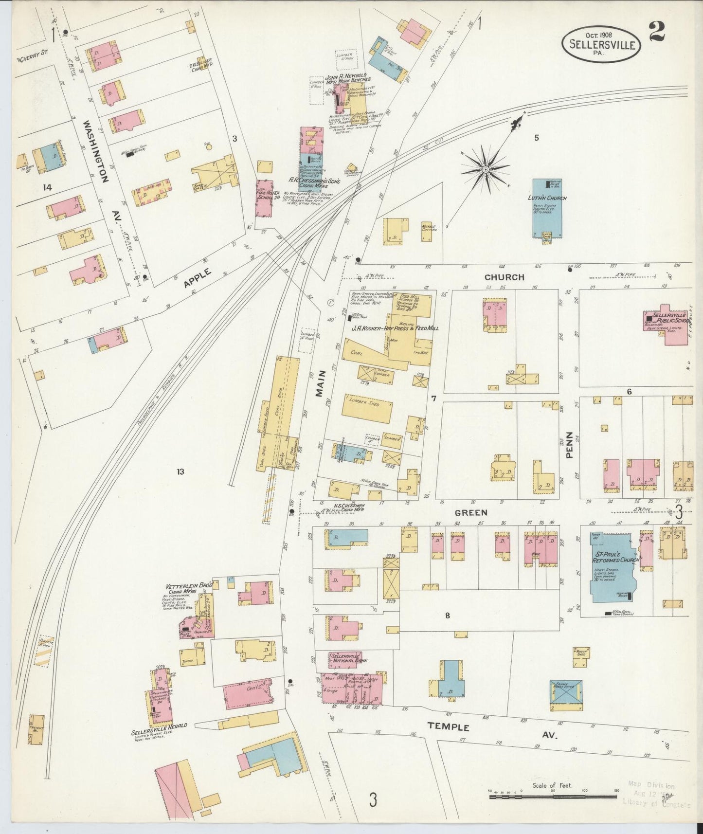 Sanborn Fire Insurance Map from Sellersville, Bucks County, Pennsylvania (1908), Sheet #0002 - Complete Map Set gallery image, historic Sanborn map, vintage wall art, Pennsylvania Pennsylvania