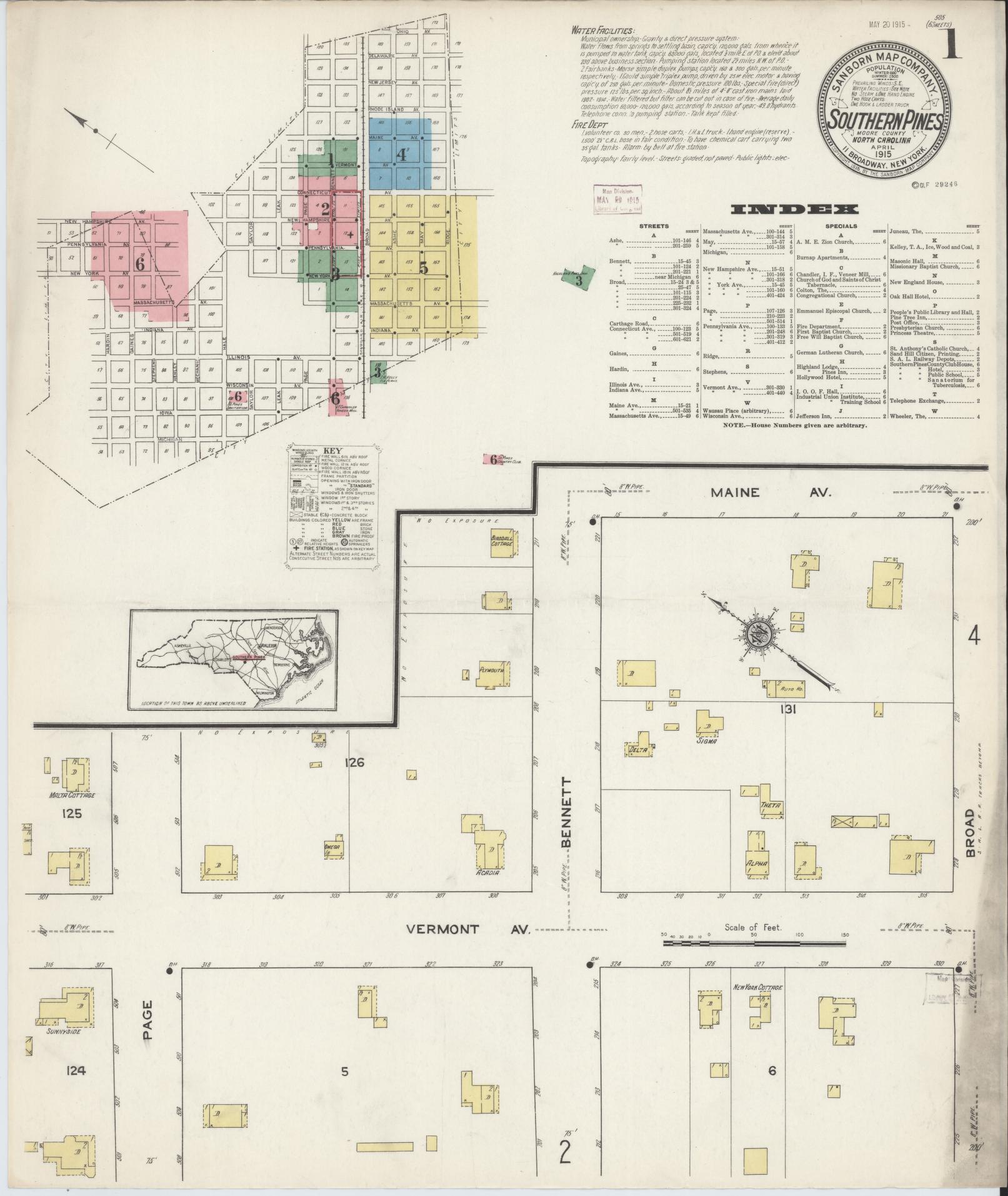 Sanborn Fire Insurance Map from Southern Pines, Moore County, North Carolina (1915), Sheet #0001 - Historic Sanborn Fire Insurance Map Print, vintage old map wall art, antique decor, genealogy gift, North Carolina North Carolina map