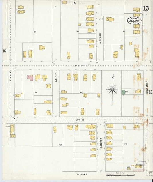 Sanborn Fire Insurance Map from Olean, Cattaraugus County, New York (1904), Sheet #0015 - Historic Sanborn Fire Insurance Map Print, vintage old map wall art, antique decor, genealogy gift, New York New York map