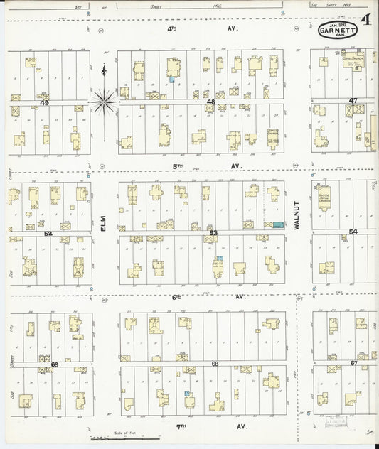 Sanborn Fire Insurance Map from Garnett, Anderson County, Kansas (1892), Sheet #0004 - Historic Sanborn Fire Insurance Map Print, vintage old map wall art, antique decor, genealogy gift, Kansas Kansas map