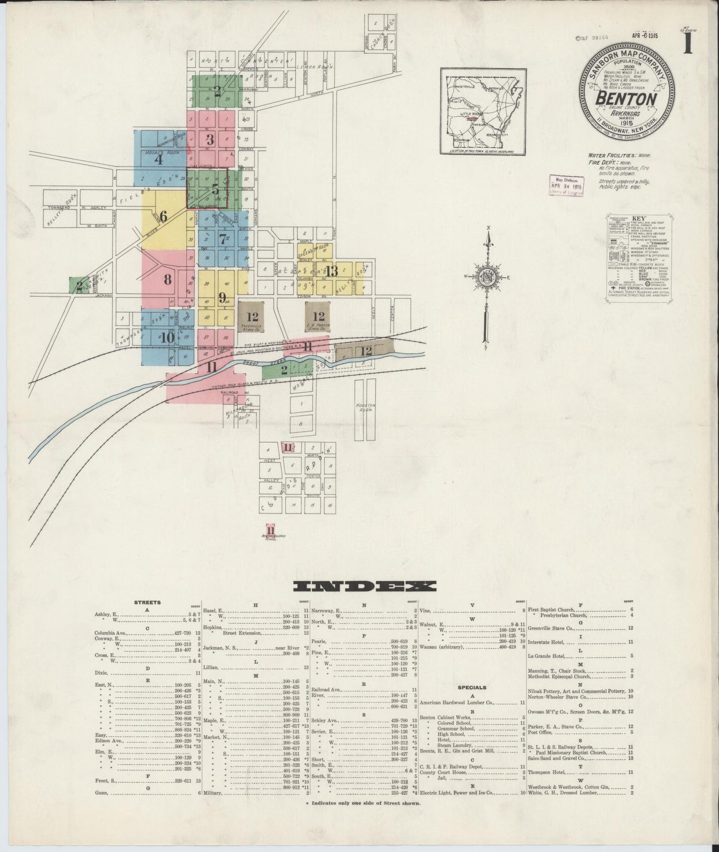 Sanborn Fire Insurance Map from Benton, Saline County, Arkansas (1915), Sheet #0001 - Historic Sanborn Fire Insurance Map Print, vintage old map wall art, antique decor, genealogy gift, Arkansas Arkansas map