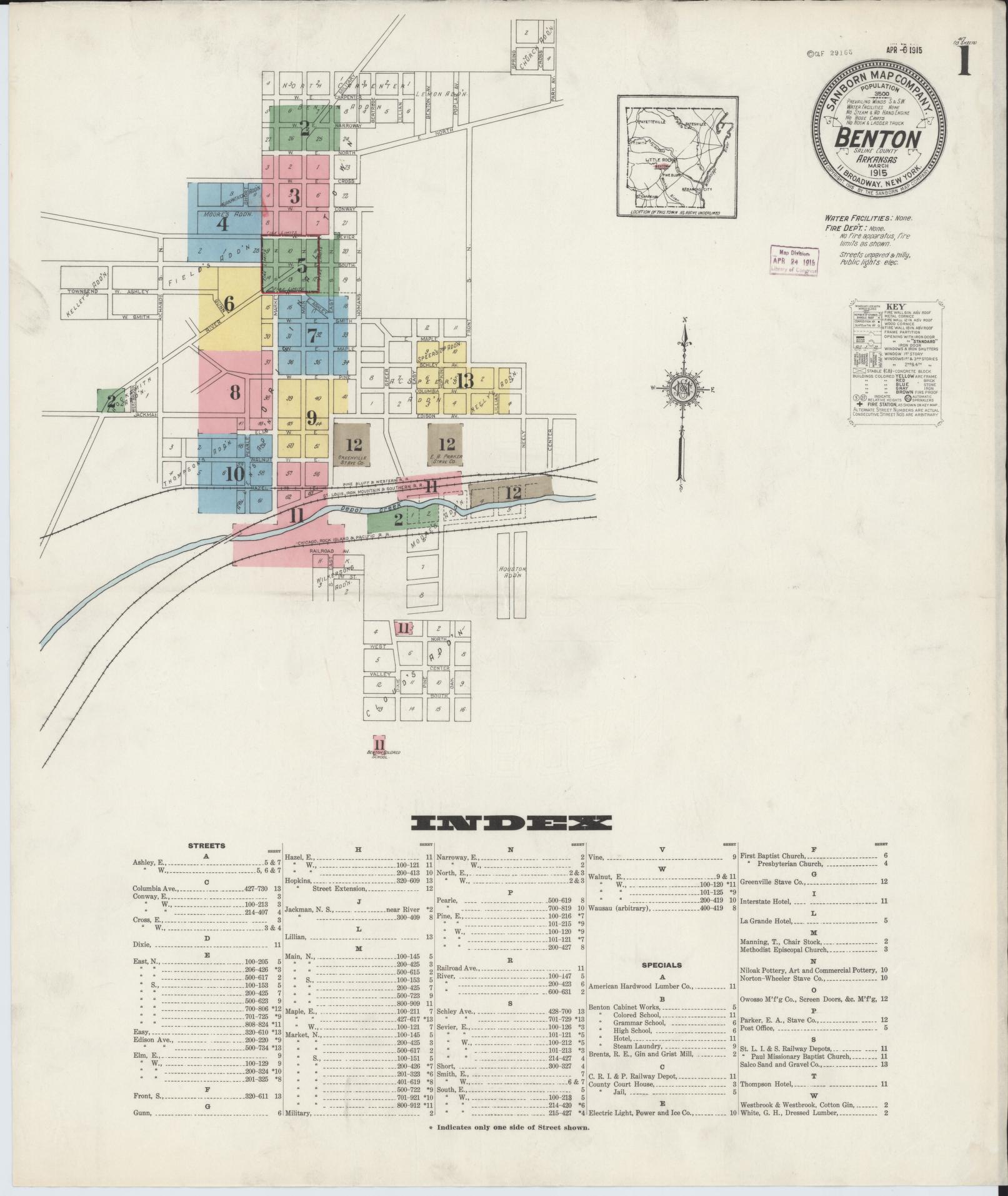 Sanborn Fire Insurance Map from Benton, Saline County, Arkansas (1915), Sheet #0001 - Historic Sanborn Fire Insurance Map Print, vintage old map wall art, antique decor, genealogy gift, Arkansas Arkansas map