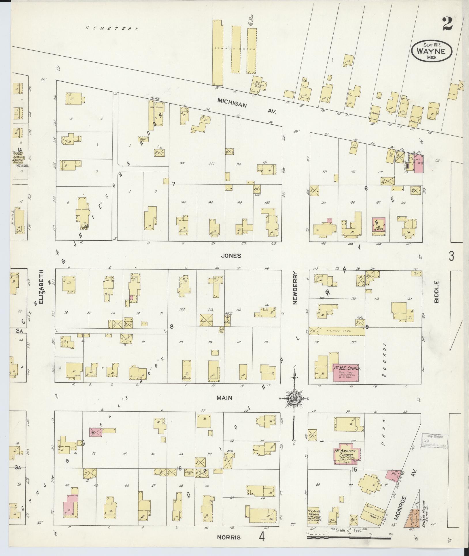 Sanborn Fire Insurance Map from Wayne, Wayne County, Michigan (1912), Sheet #0002 - Historic Sanborn Fire Insurance Map Print, vintage old map wall art, antique decor, genealogy gift, Michigan Michigan map