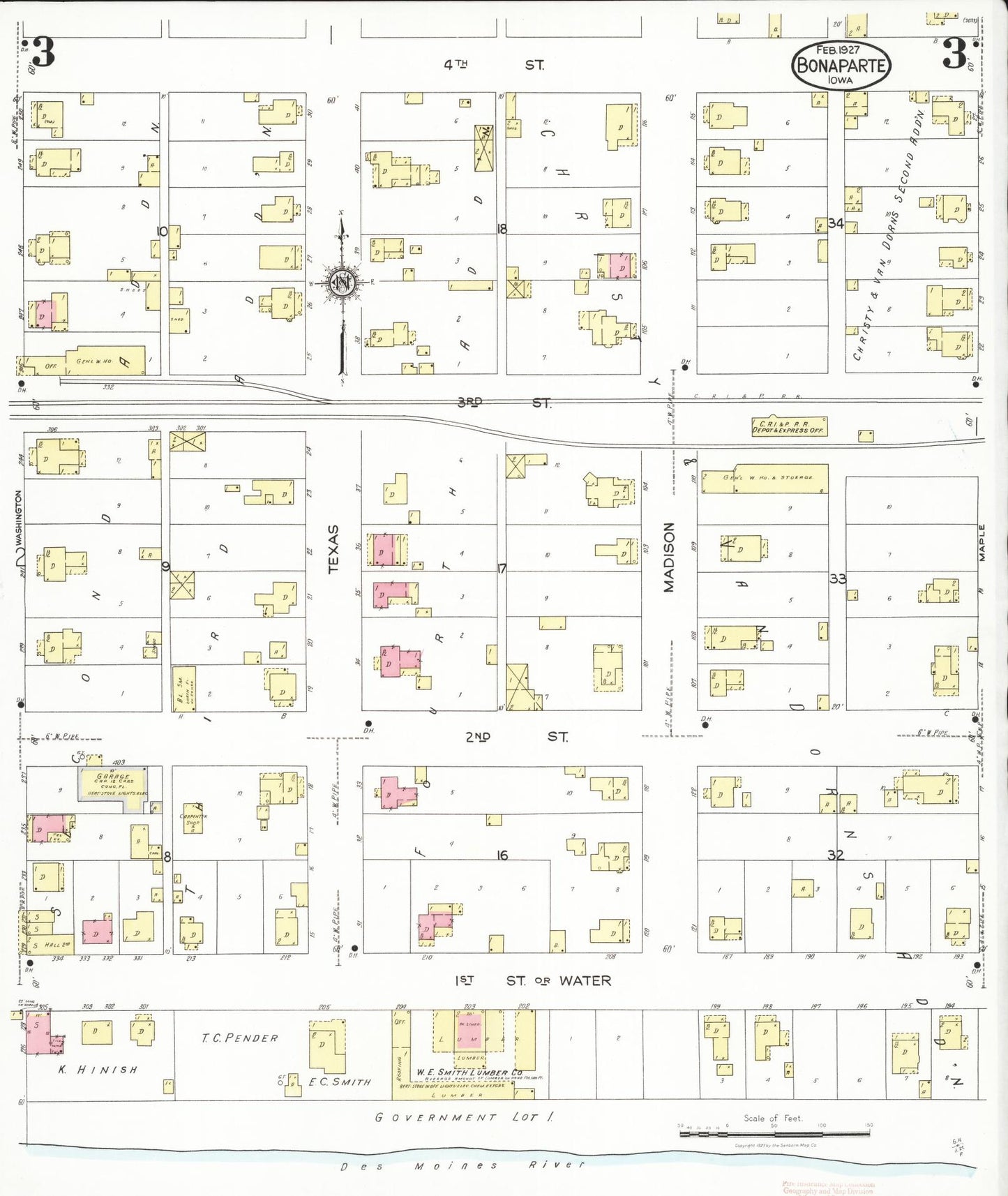 Sanborn Fire Insurance Map from Bonaparte, Van Buren County, Iowa (1927), Sheet #0003 - Historic Sanborn Fire Insurance Map Print, vintage old map wall art