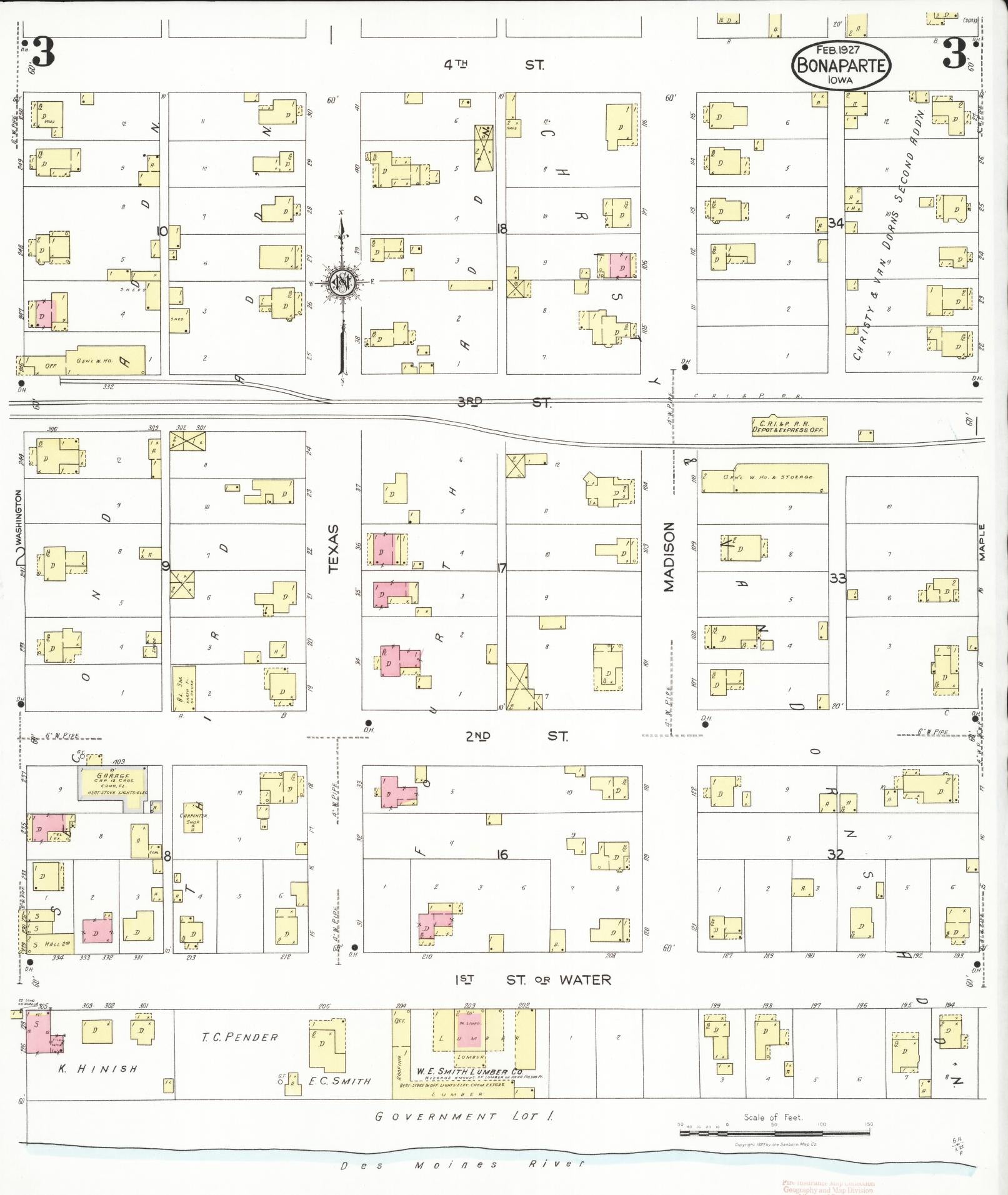 Sanborn Fire Insurance Map from Bonaparte, Van Buren County, Iowa (1927), Sheet #0003 - Historic Sanborn Fire Insurance Map Print, vintage old map wall art