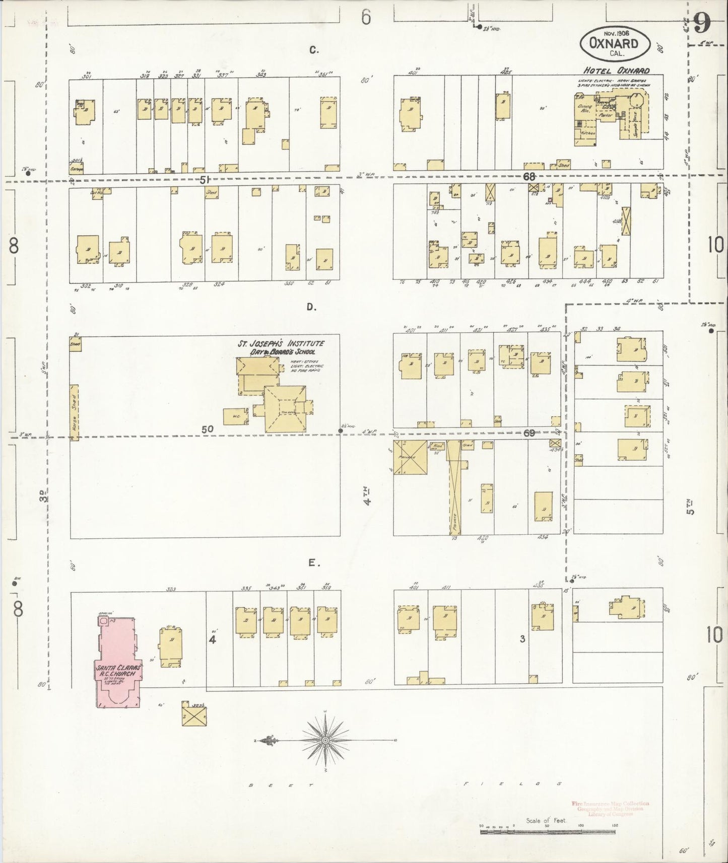 Sanborn Fire Insurance Map from Oxnard, Ventura County, California (1906), Sheet #0009 - Complete Map Set gallery image, historic Sanborn map, vintage wall art, California California