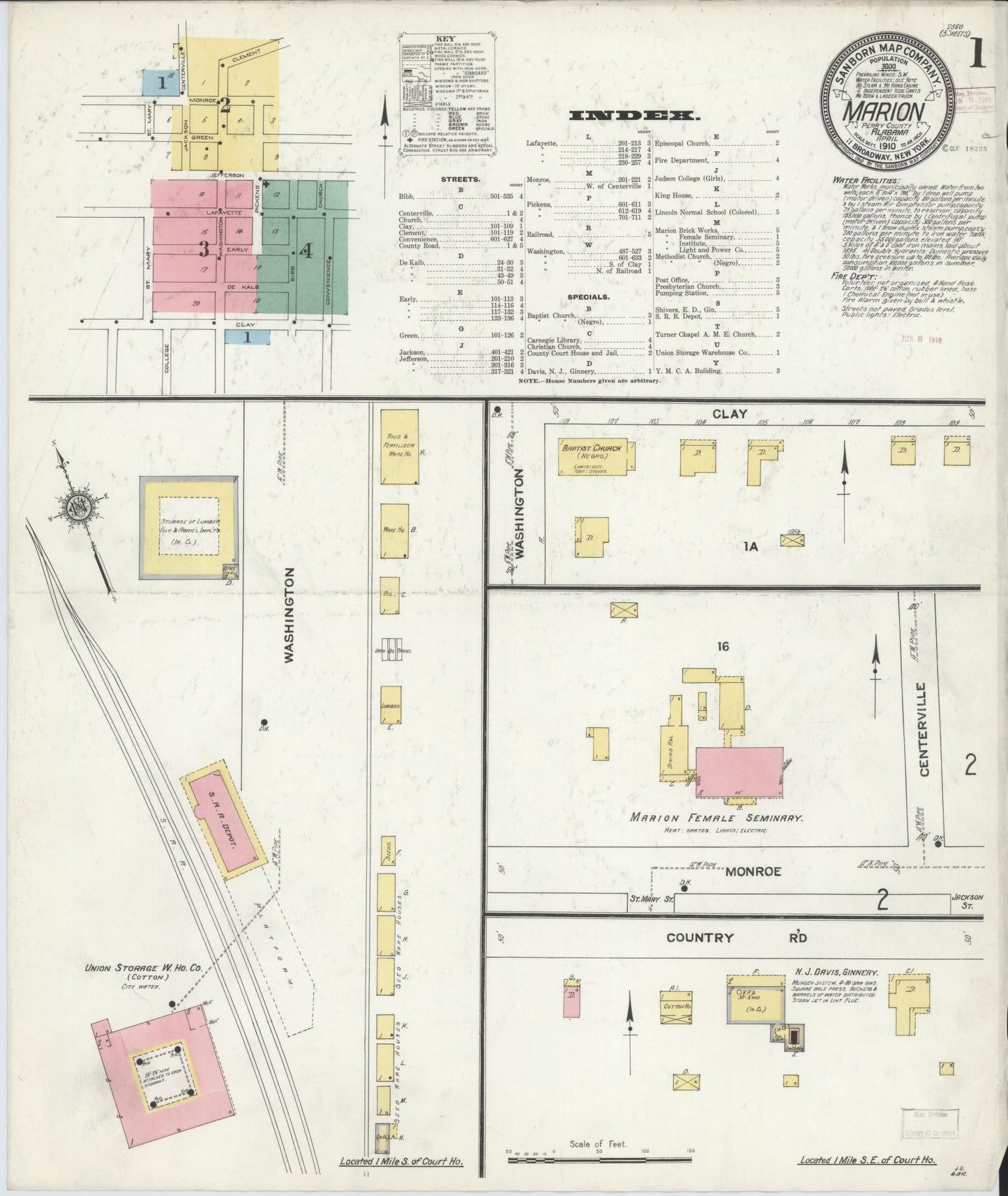 Sanborn Fire Insurance Map from Marion, Perry County, Alabama (1910), Sheet #0001 - Complete Map Set gallery image, historic Sanborn map, vintage wall art, Alabama Alabama