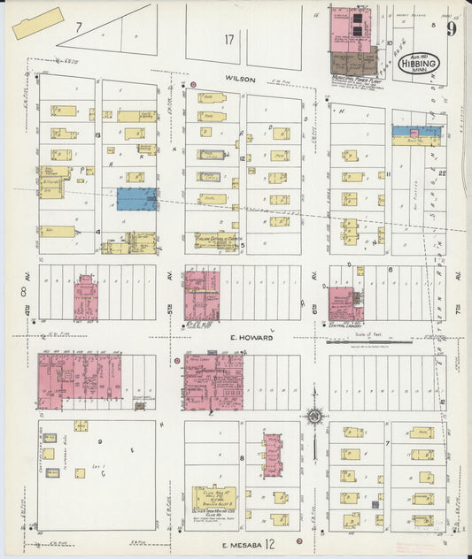 Sanborn Fire Insurance Map from Hibbing, Saint Louis County, Minnesota (1921), Sheet #0009 - Historic Sanborn Fire Insurance Map Print, vintage old map wall art, antique decor, genealogy gift, Minnesota Minnesota map