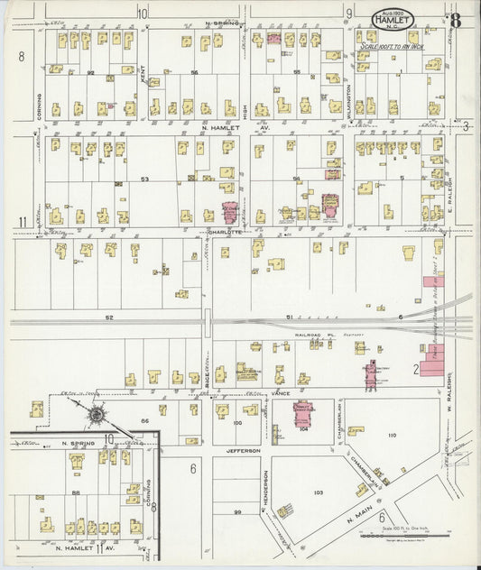 Sanborn Fire Insurance Map from Hamlet, Richmond County, North Carolina (1920), Sheet #0008 - Historic Sanborn Fire Insurance Map Print, vintage old map wall art, antique decor, genealogy gift, North Carolina North Carolina map