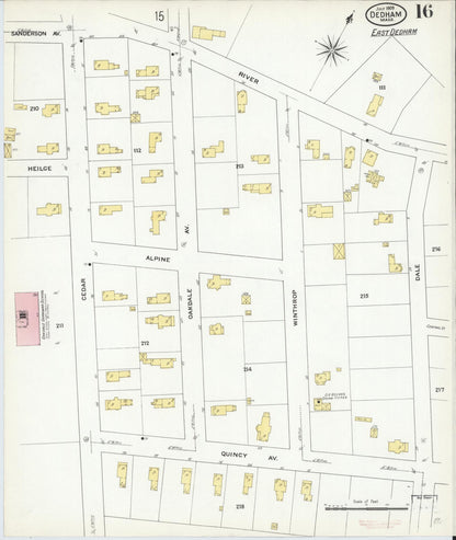 Sanborn Fire Insurance Map from Dedham, Norfolk County, Massachusetts (1909), Sheet #0016 - Complete Map Set gallery image, historic Sanborn map, vintage wall art, Massachusetts Massachusetts