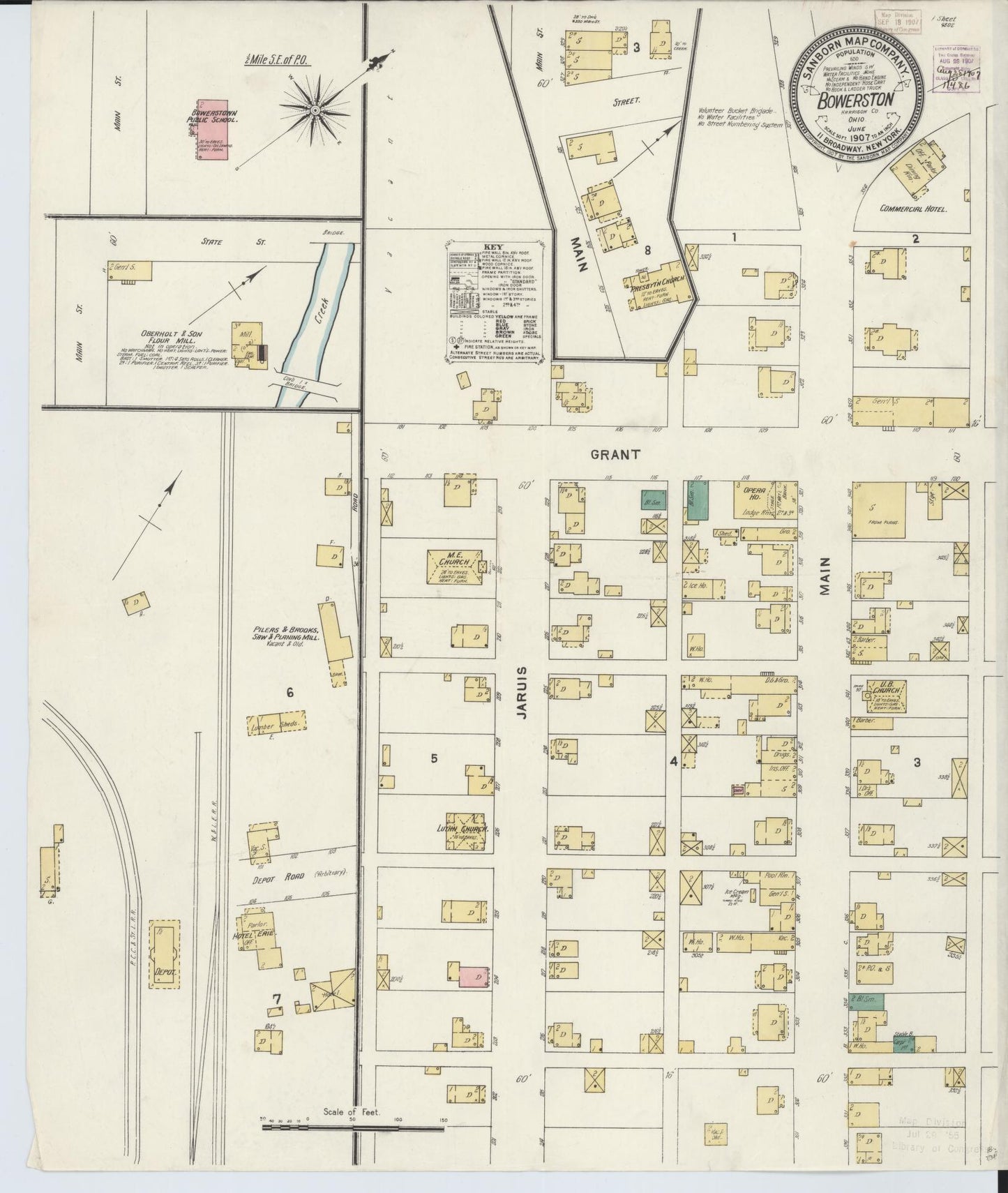 Sanborn Fire Insurance Map from Bowerston, Harrison County, Ohio (1907), Sheet #0001 - Historic Sanborn Fire Insurance Map Print, vintage old map wall art, antique decor, genealogy gift, Ohio Ohio map