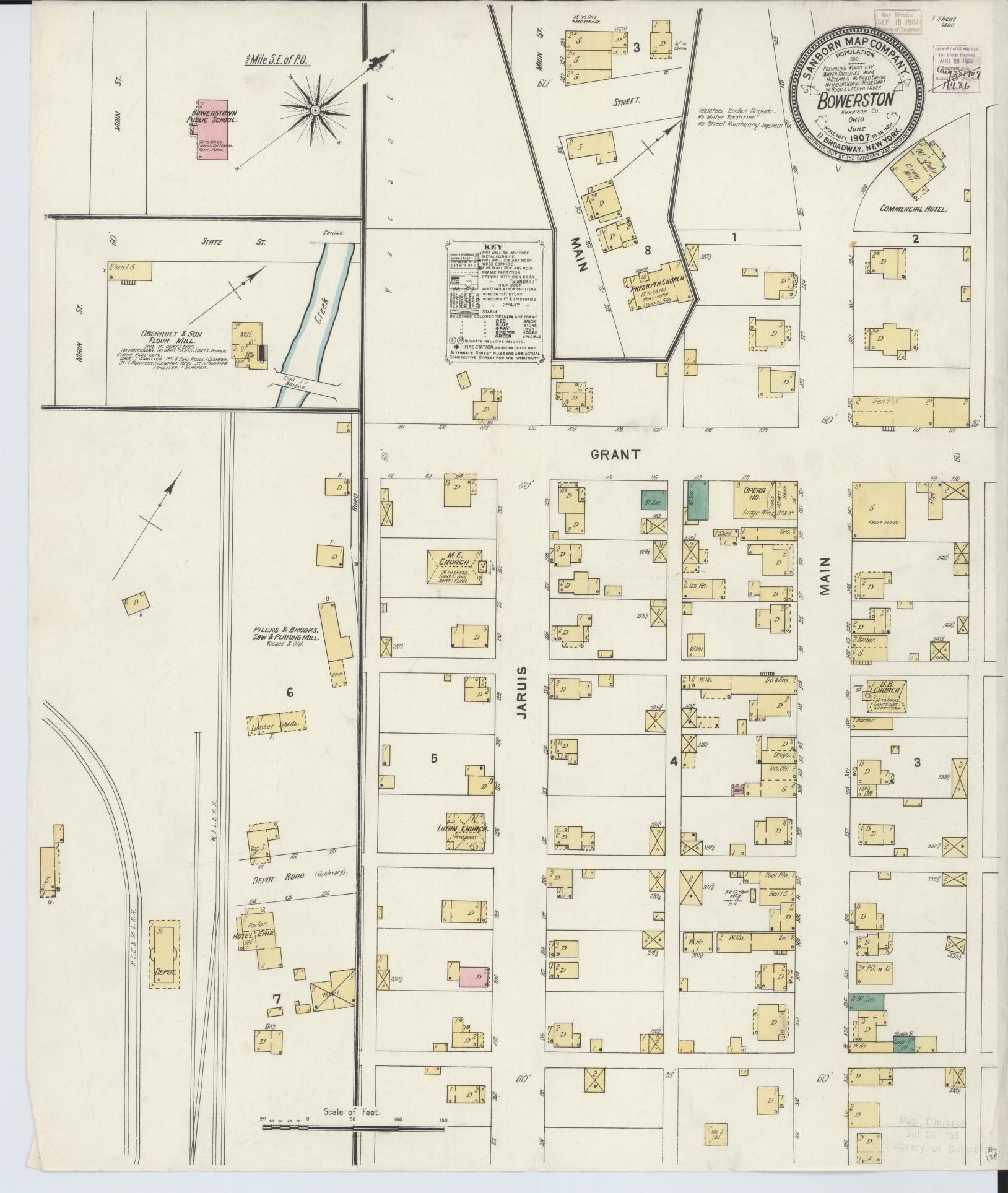 Sanborn Fire Insurance Map from Bowerston, Harrison County, Ohio (1907), Sheet #0001 - Historic Sanborn Fire Insurance Map Print, vintage old map wall art, antique decor, genealogy gift, Ohio Ohio map