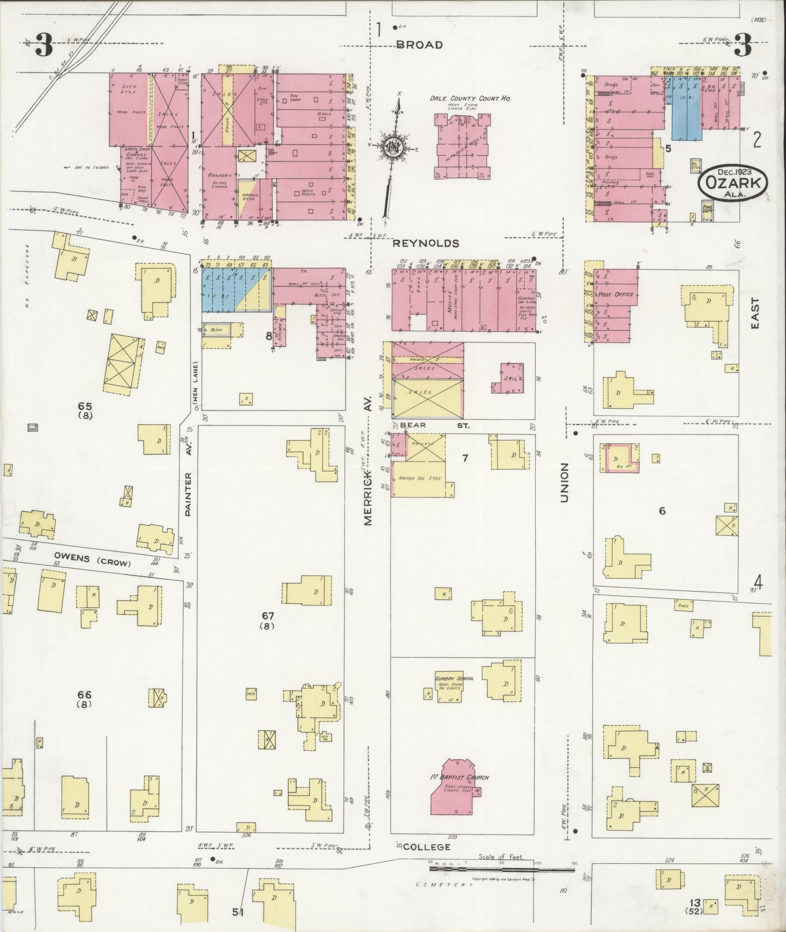 Sanborn Fire Insurance Map from Ozark, Dale County, Alabama (1923), Sheet #0003 - Complete Map Set gallery image, historic Sanborn map, vintage wall art, Alabama Alabama
