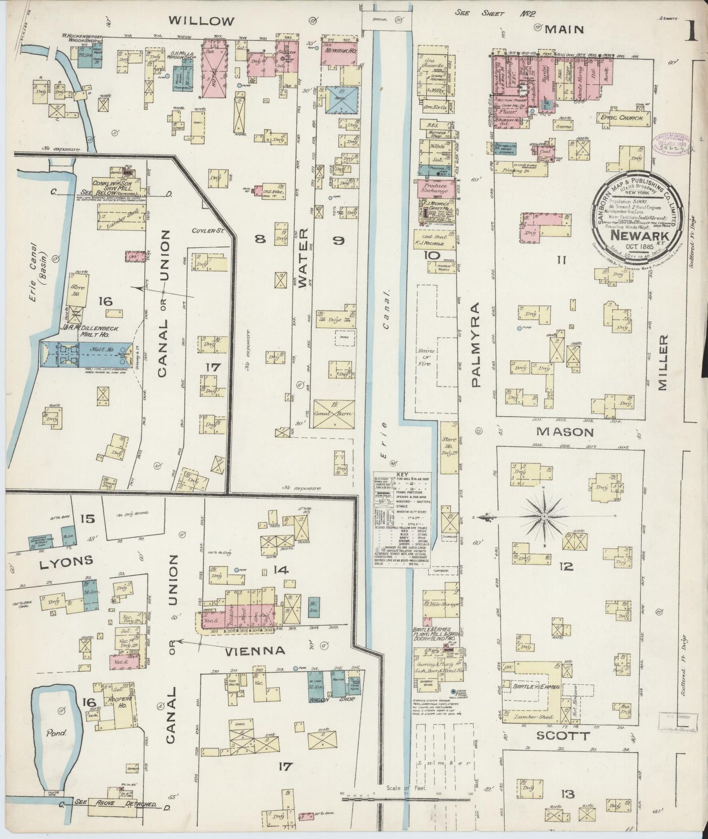 Sanborn Fire Insurance Map from Newark, Wayne County, New York (1885), Sheet #0001 - Historic Sanborn Fire Insurance Map Print, vintage old map wall art, antique decor, genealogy gift, New York New York map