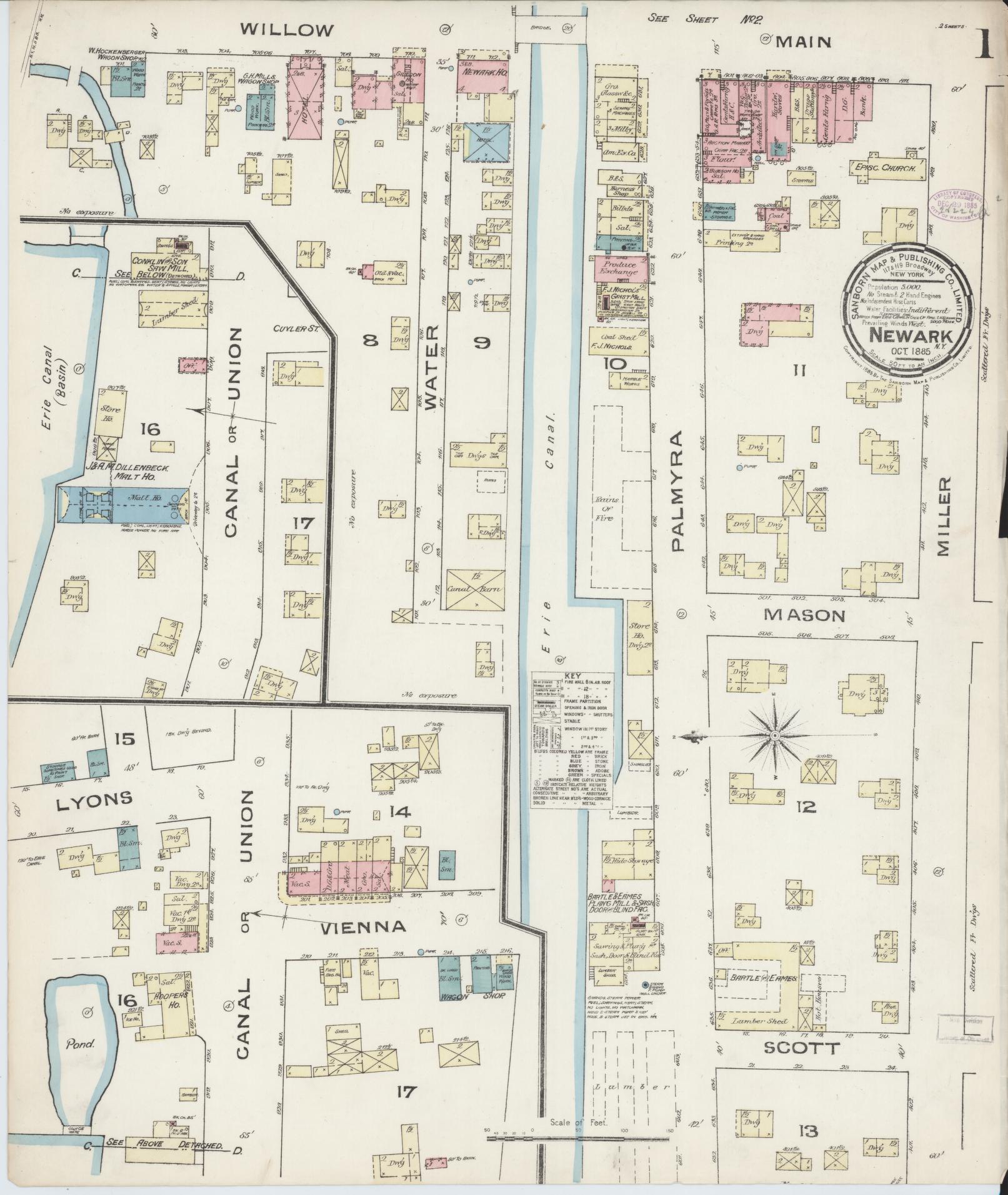 Sanborn Fire Insurance Map from Newark, Wayne County, New York (1885), Sheet #0001 - Historic Sanborn Fire Insurance Map Print, vintage old map wall art, antique decor, genealogy gift, New York New York map
