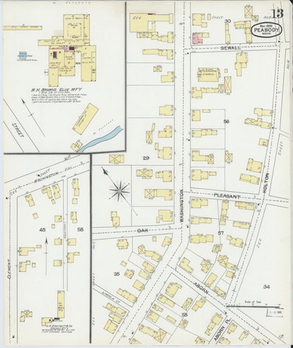 Sanborn Fire Insurance Map from Peabody, Essex County, Massachusetts (1892), Sheet #0013 - Historic Sanborn Fire Insurance Map Print, vintage old map wall art, antique decor, genealogy gift, Massachusetts Massachusetts map