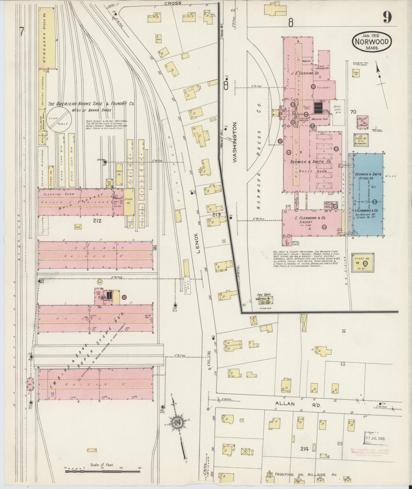 Sanborn Fire Insurance Map from Norwood, Norfolk County, Massachusetts (1915), Sheet #0009 - Historic Sanborn Fire Insurance Map Print, vintage old map wall art, antique decor, genealogy gift, Massachusetts Massachusetts map