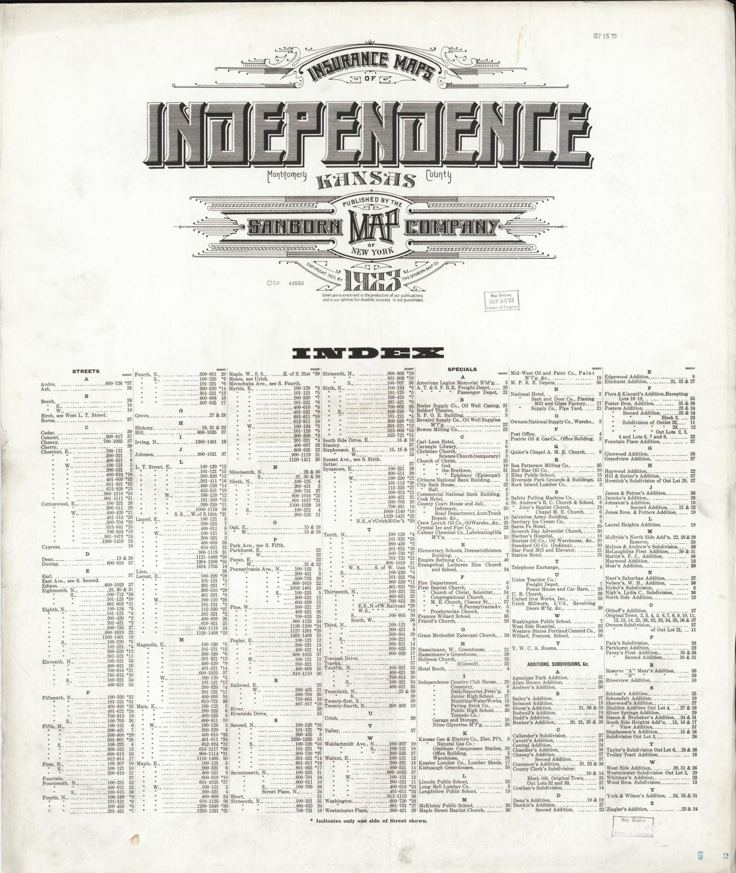 Sanborn Fire Insurance Map from Independence, Montgomery County, Kansas (1923), Sheet #0001 - Complete Map Set gallery image, historic Sanborn map, vintage wall art, Kansas Kansas