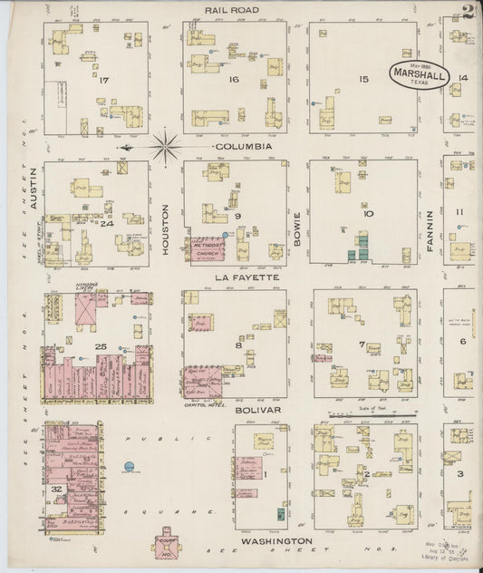Sanborn Fire Insurance Map from Marshall, Harrison County, Texas (1885), Sheet #0002 - Historic Sanborn Fire Insurance Map Print, vintage old map wall art, antique decor, genealogy gift, Texas Texas map