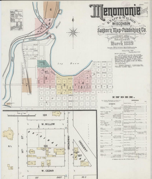 Sanborn Fire Insurance Map from Menomonie, Dunn County, Wisconsin (1889), Sheet #0001 - Historic Sanborn Fire Insurance Map Print, vintage old map wall art, antique decor, genealogy gift, Wisconsin Wisconsin map
