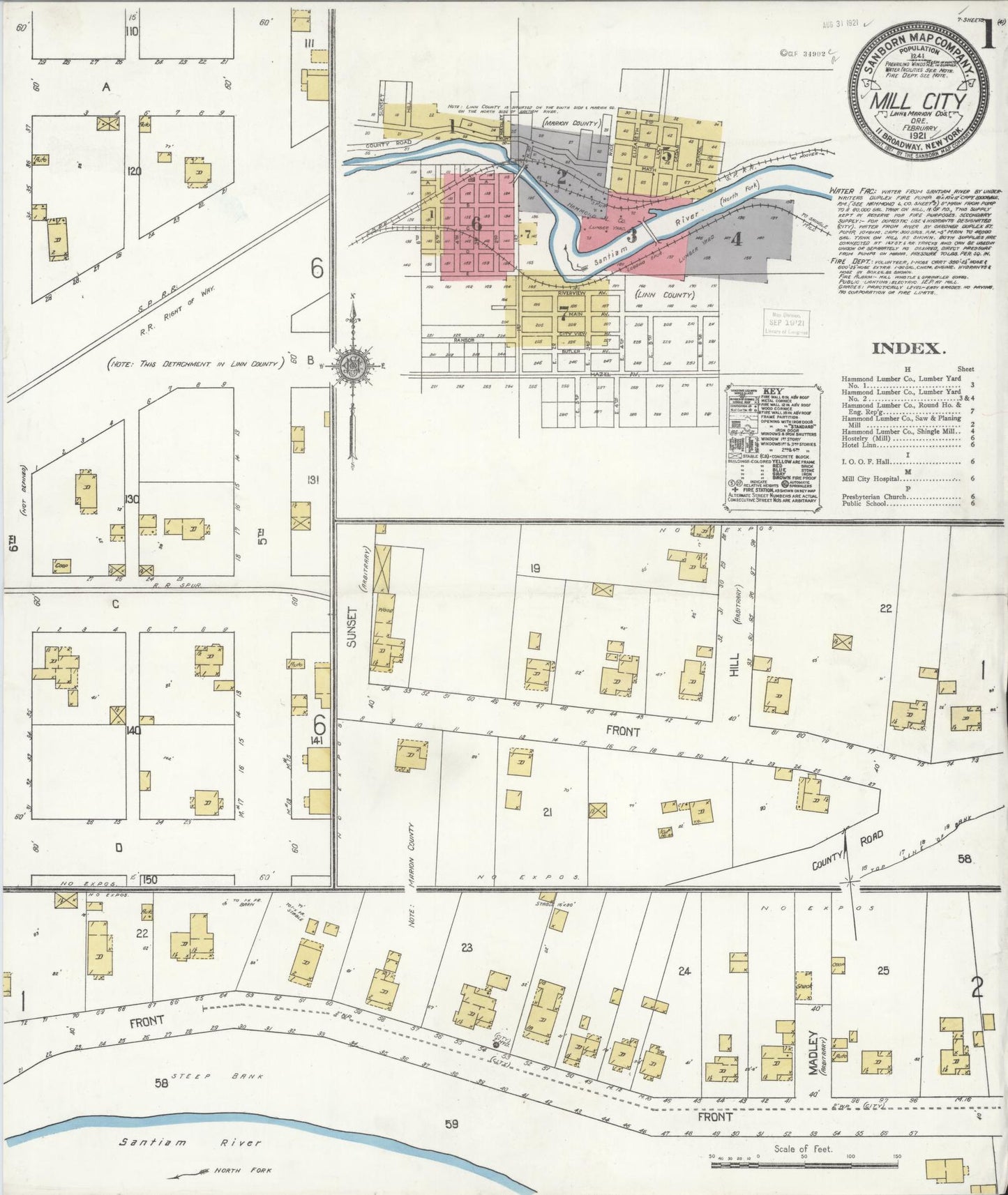Sanborn Fire Insurance Map from Mill City, Linn And Marion Counties, Oregon (1921), Sheet #0001 - Complete Map Set gallery image, historic Sanborn map, vintage wall art, Oregon Oregon