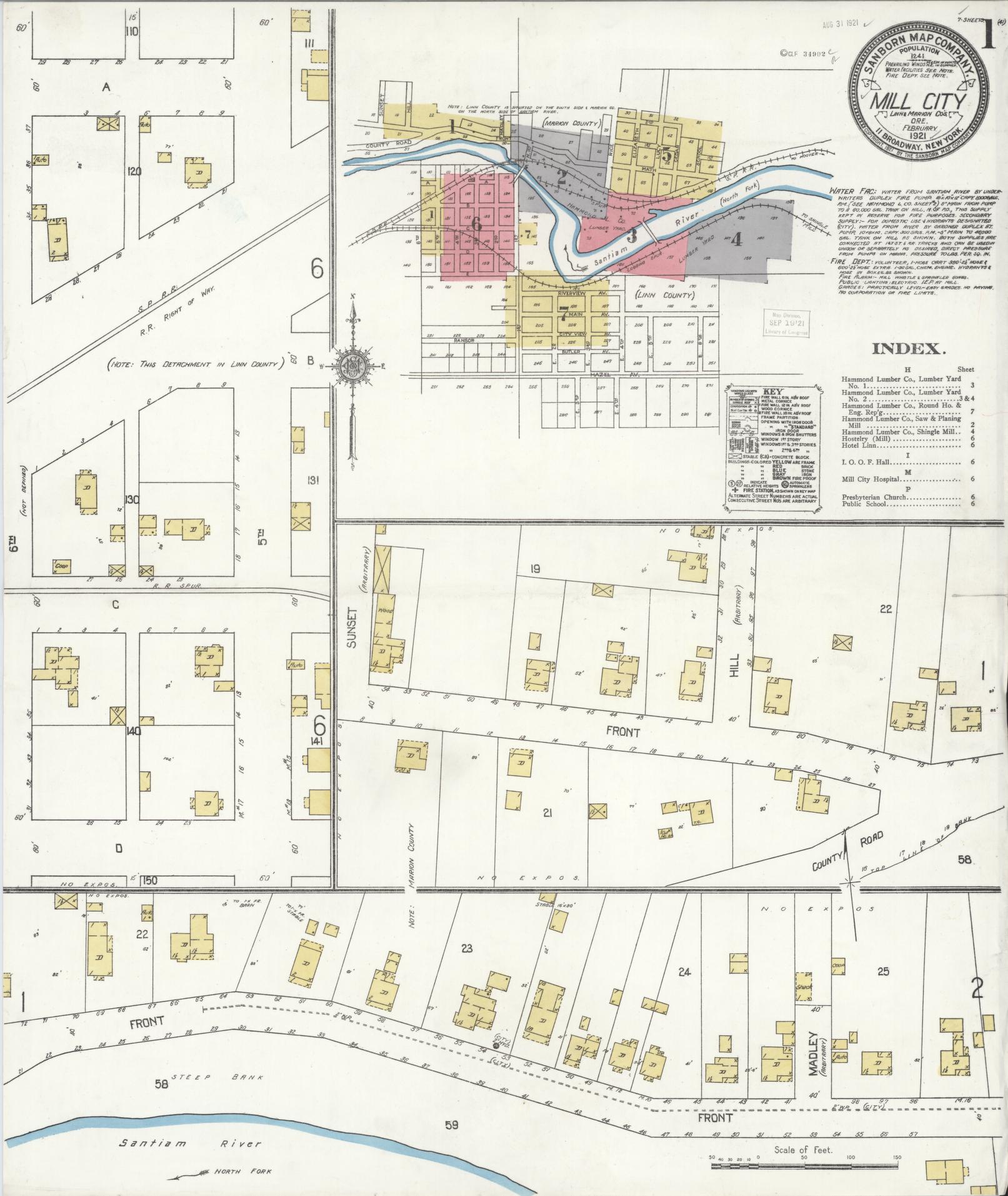 Sanborn Fire Insurance Map from Mill City, Linn And Marion Counties, Oregon (1921), Sheet #0001 - Complete Map Set gallery image, historic Sanborn map, vintage wall art, Oregon Oregon