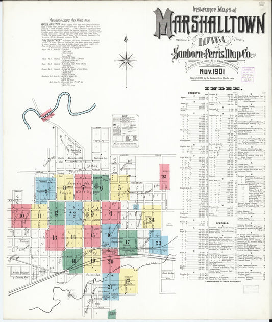 Sanborn Fire Insurance Map from Marshalltown, Marshall County, Iowa (1901), Sheet #0001 - Historic Sanborn Fire Insurance Map Print, vintage old map wall art