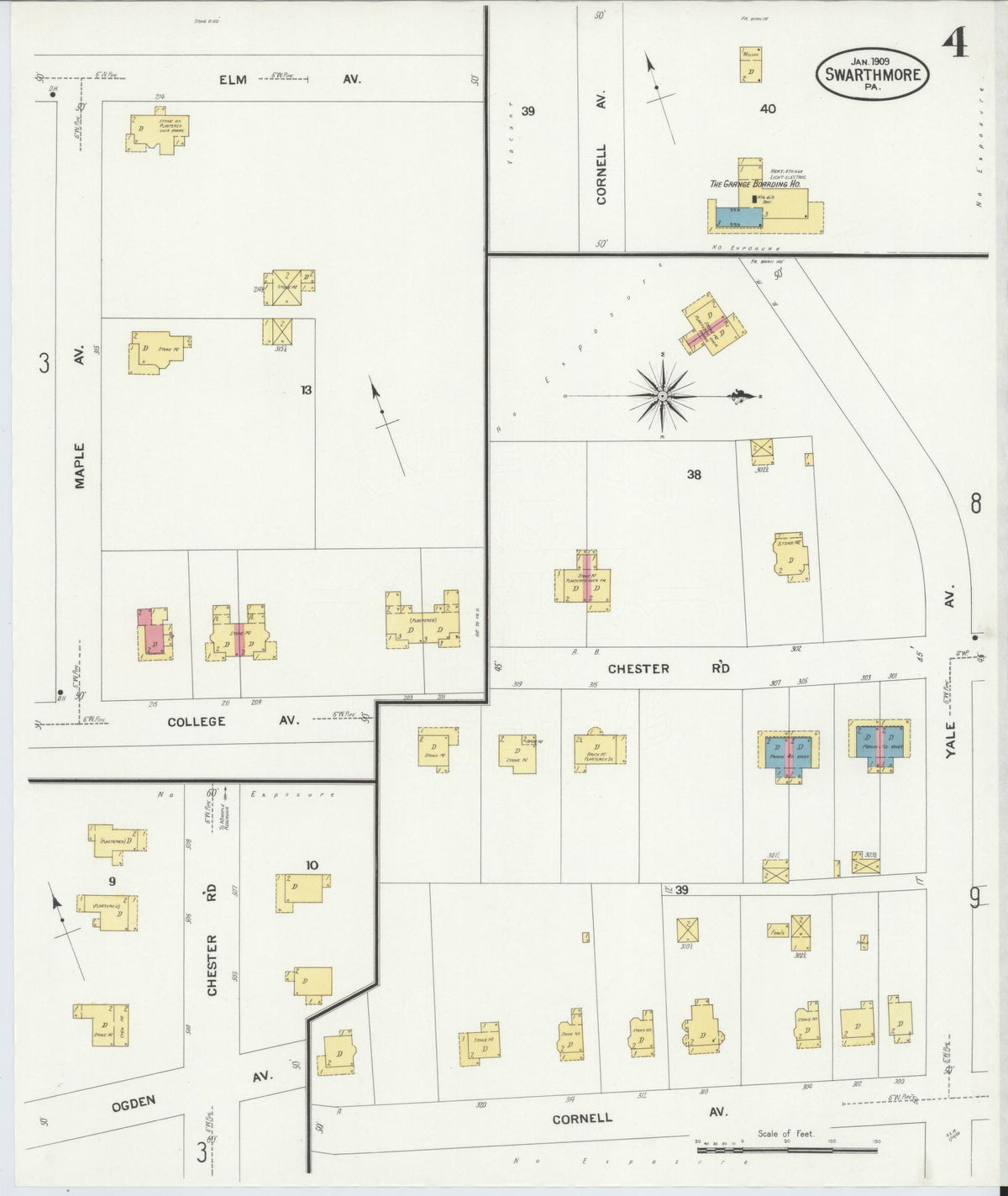Sanborn Fire Insurance Map from Swarthmore, Delaware County, Pennsylvania (1909), Sheet #0004 - Historic Sanborn Fire Insurance Map Print, vintage old map wall art, antique decor, genealogy gift, Swarthmore Delaware map