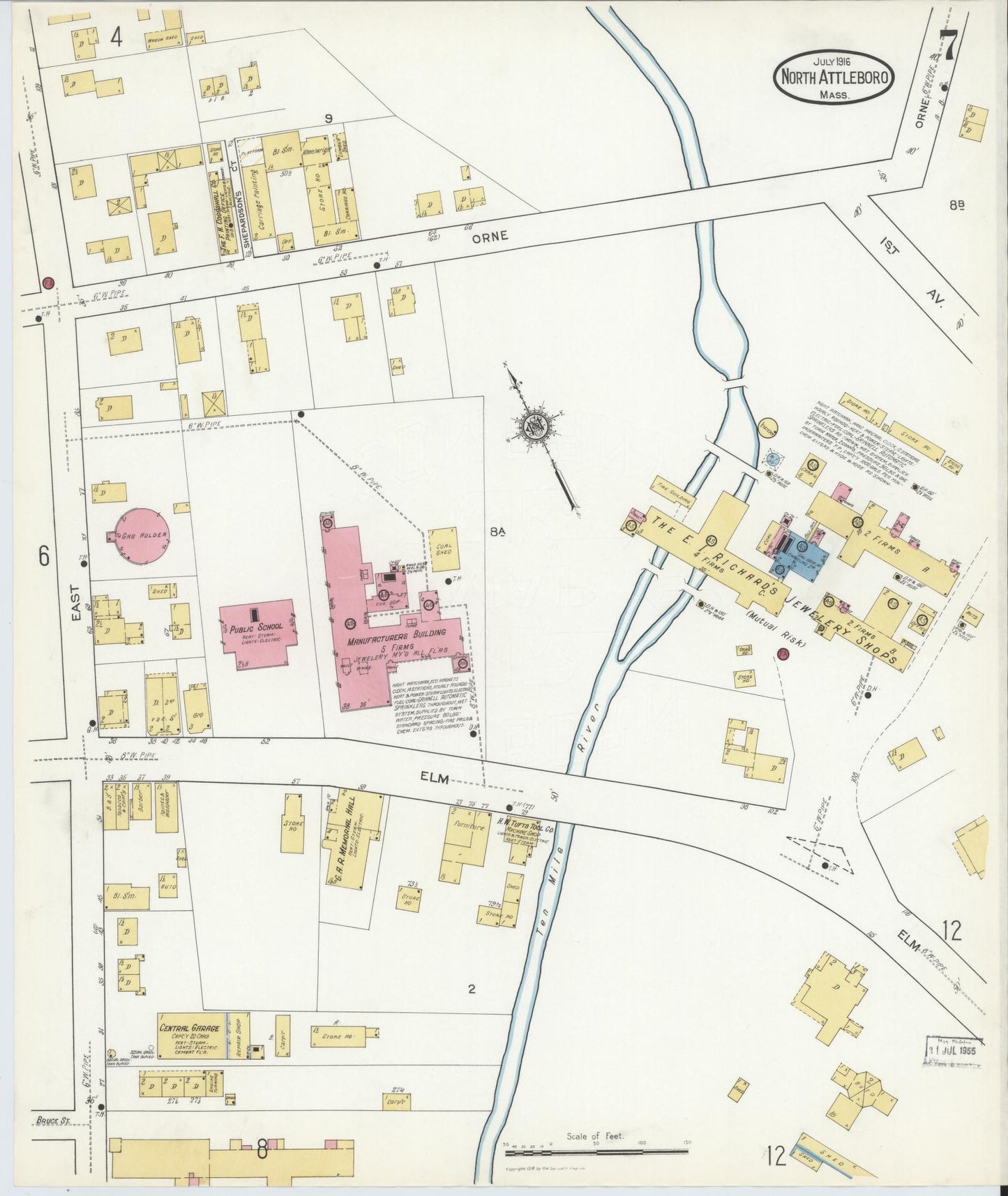 Sanborn Fire Insurance Map from North Attleborough, Bristol County, Massachusetts (1916), Sheet #0007 - Complete Map Set gallery image, historic Sanborn map, vintage wall art, Massachusetts Massachusetts