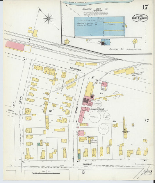 Sanborn Fire Insurance Map from Kalamazoo, Kalamazoo County, Michigan (1902), Sheet #0017 - Historic Sanborn Fire Insurance Map Print, vintage old map wall art, antique decor, genealogy gift, Michigan Michigan map