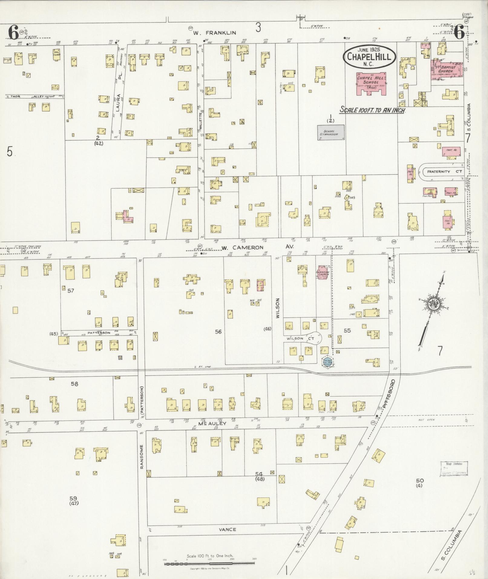 Sanborn Fire Insurance Map from Chapel Hill, Orange County, North Carolina (1925), Sheet #0006 - Historic Sanborn Fire Insurance Map Print, vintage old map wall art, antique decor, genealogy gift, North Carolina North Carolina map